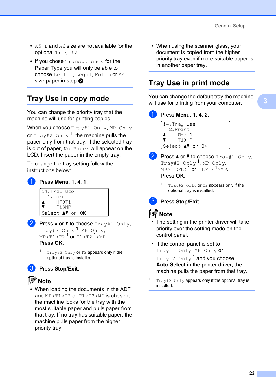 Tray use in copy mode, Tray use in print mode, Tray use in copy mode tray use in print mode | Brother DCP-8085DN User Manual | Page 37 / 158