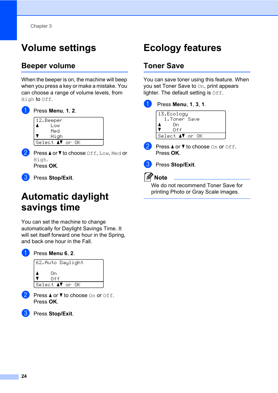 Volume settings, Beeper volume, Automatic daylight savings time | Ecology features, Toner save, Automatic daylight savings time ecology features | Brother DCP-8085DN User Manual | Page 38 / 158