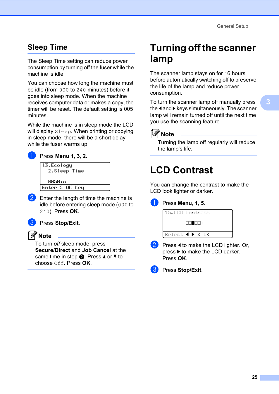 Sleep time, Turning off the scanner lamp, Lcd contrast | Turning off the scanner lamp lcd contrast, 3sleep time | Brother DCP-8085DN User Manual | Page 39 / 158