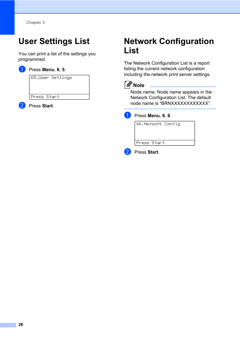 User settings list, Network configuration list, User settings list network configuration list | Brother DCP-8085DN User Manual | Page 40 / 158