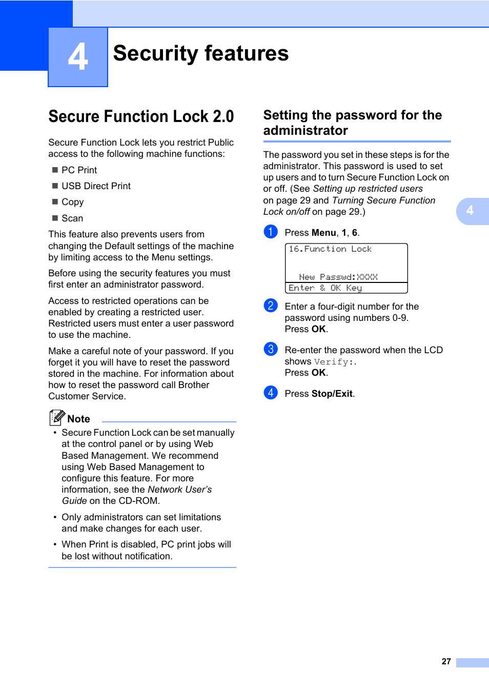 4 security features, Secure function lock 2.0, Setting the password for the administrator | Security features | Brother DCP-8085DN User Manual | Page 41 / 158
