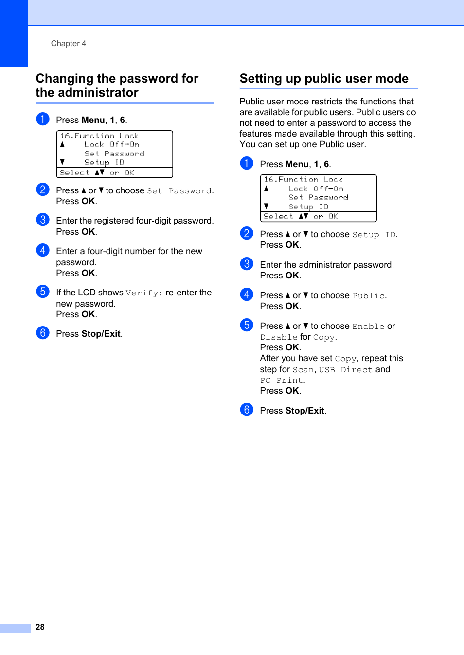 Changing the password for the administrator, Setting up public user mode | Brother DCP-8085DN User Manual | Page 42 / 158