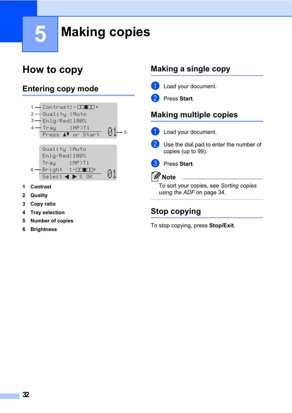 5 making copies, How to copy, Entering copy mode | Making a single copy, Making multiple copies, Stop copying, Making copies | Brother DCP-8085DN User Manual | Page 46 / 158