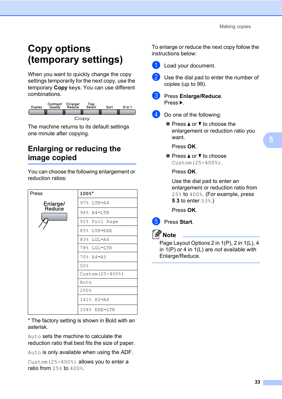 Copy options (temporary settings), Enlarging or reducing the image copied | Brother DCP-8085DN User Manual | Page 47 / 158