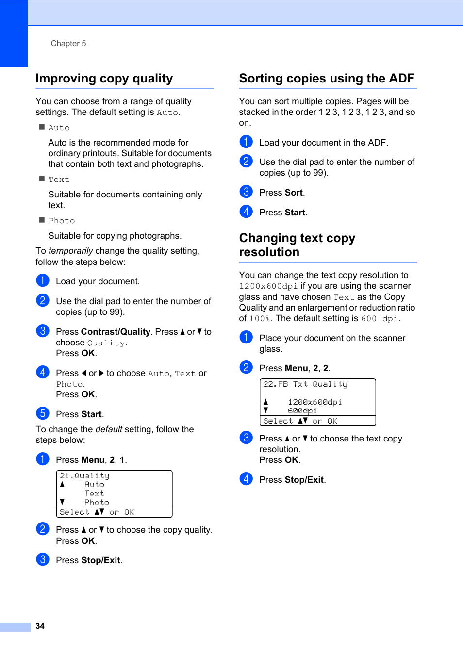 Improving copy quality, Sorting copies using the adf, Changing text copy resolution | Brother DCP-8085DN User Manual | Page 48 / 158