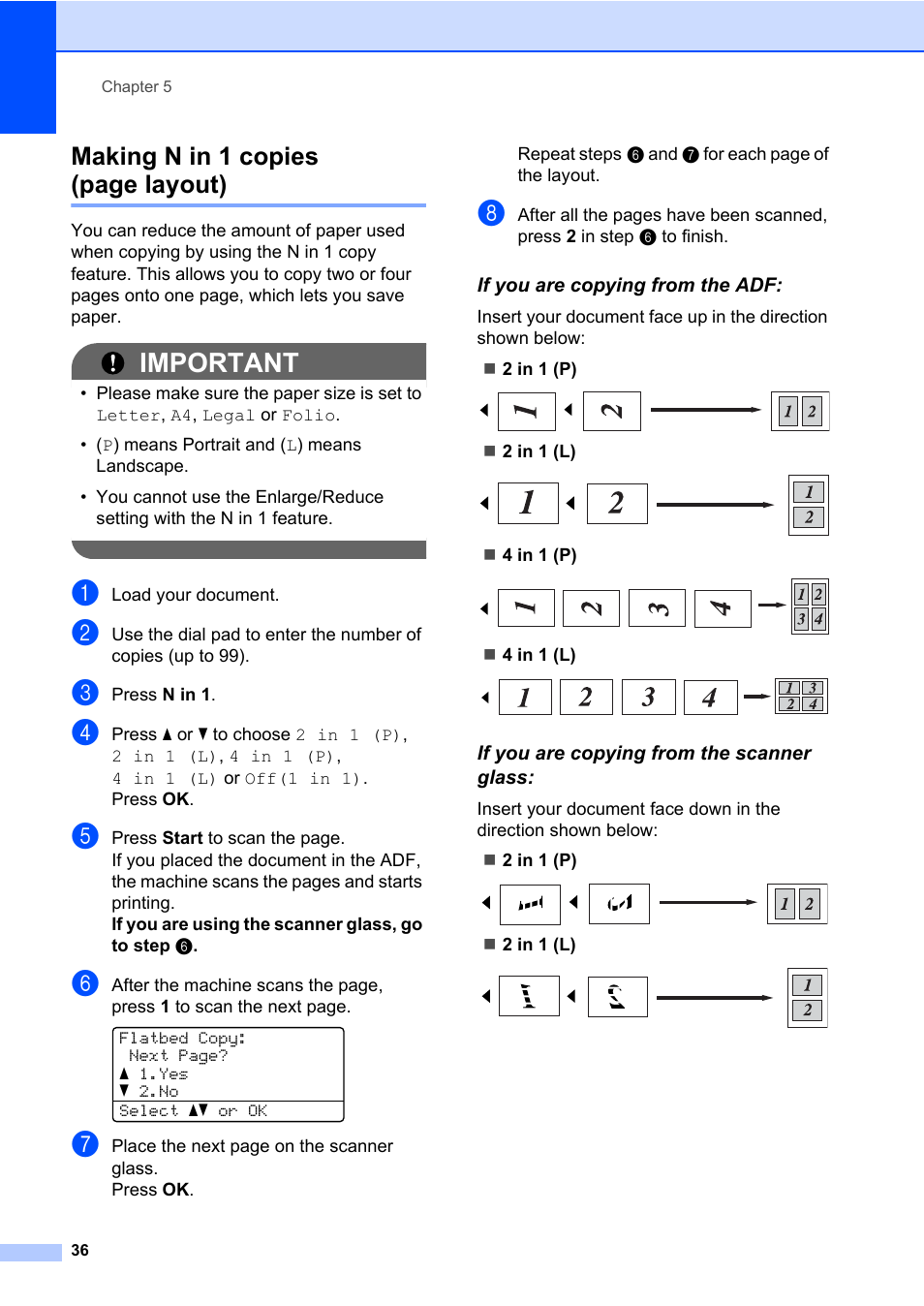 If you are copying from the adf, If you are copying from the scanner glass, Important | Making n in 1 copies (page layout) | Brother DCP-8085DN User Manual | Page 50 / 158