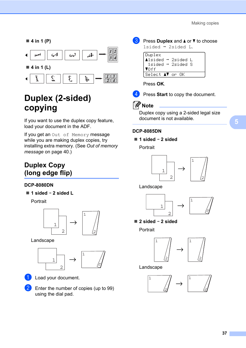 Duplex (2-sided) copying, Duplex copy (long edge flip) | Brother DCP-8085DN User Manual | Page 51 / 158