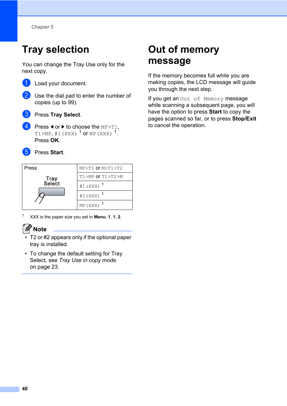 Tray selection, Out of memory message, Tray selection out of memory message | Brother DCP-8085DN User Manual | Page 54 / 158