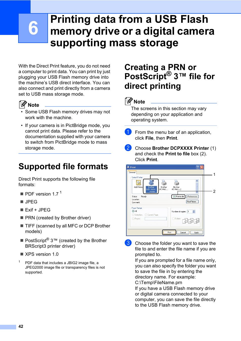 Supported file formats, 3™ file for direct printing, Creating a prn or postscript | Brother DCP-8085DN User Manual | Page 56 / 158