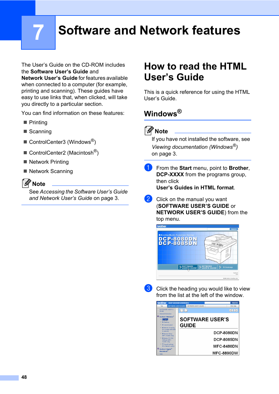 7 software and network features, How to read the html user’s guide, Windows | Software and network features | Brother DCP-8085DN User Manual | Page 62 / 158