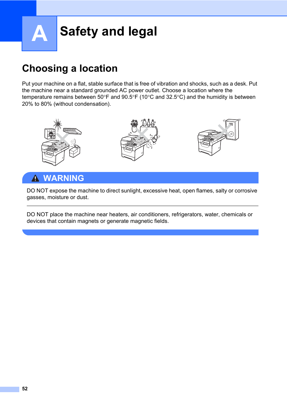 A safety and legal, Choosing a location, Safety and legal | Warning | Brother DCP-8085DN User Manual | Page 66 / 158