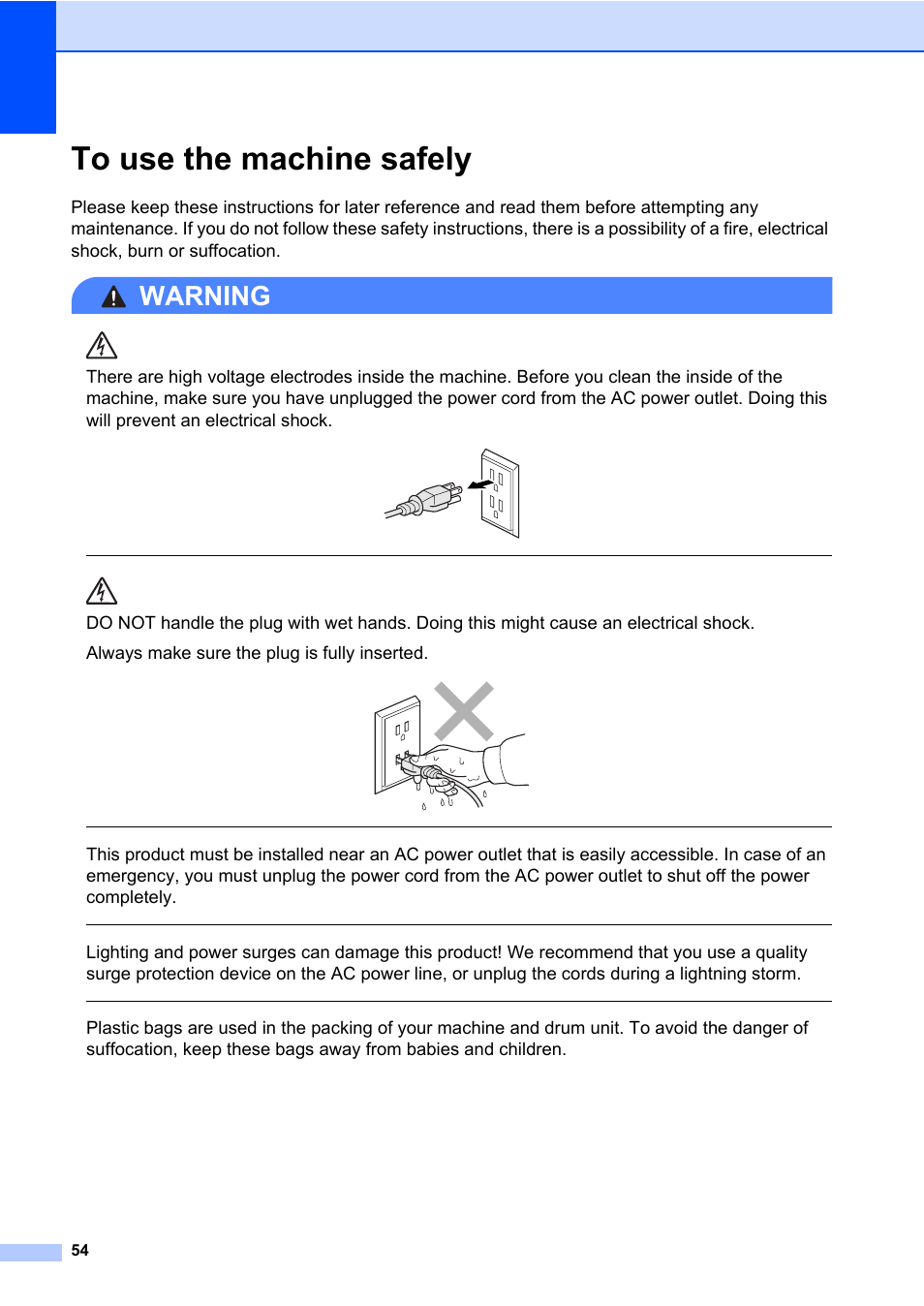 To use the machine safely, Warning | Brother DCP-8085DN User Manual | Page 68 / 158