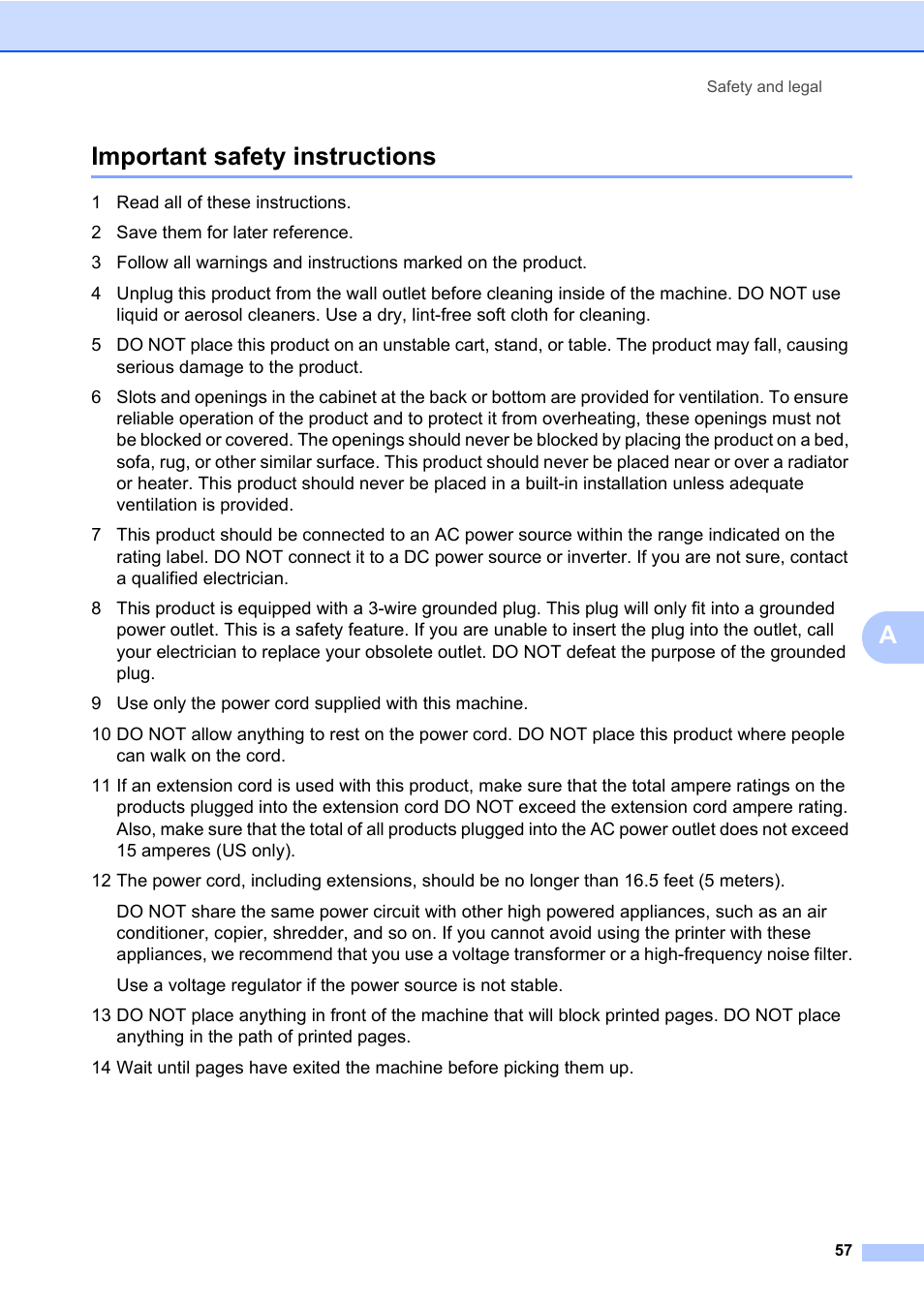 Important safety instructions, Aimportant safety instructions | Brother DCP-8085DN User Manual | Page 71 / 158