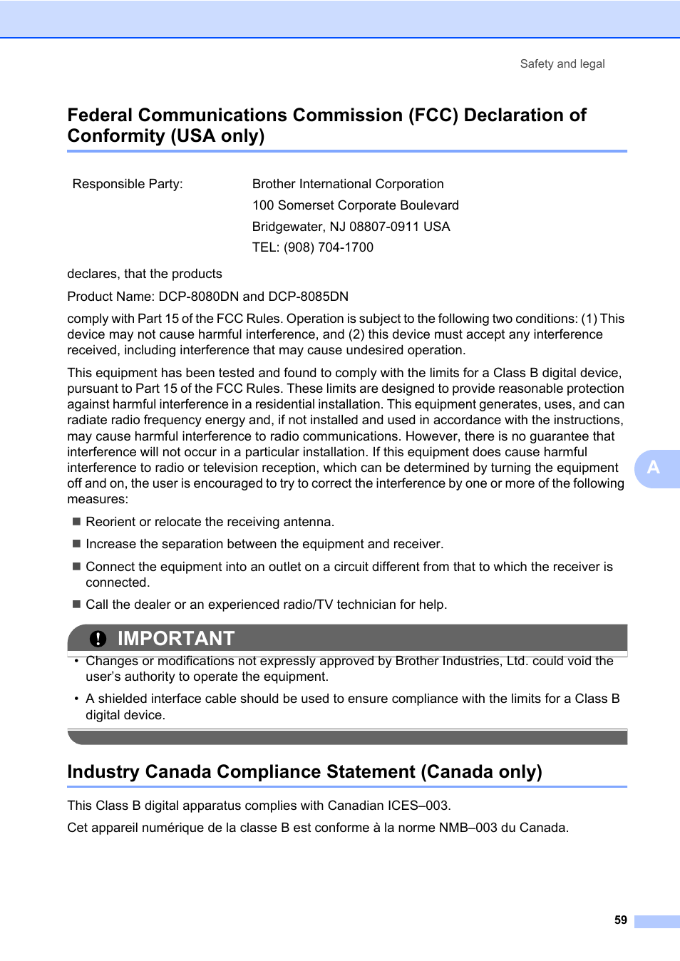 Industry canada compliance statement (canada only), Usa only), Important | Brother DCP-8085DN User Manual | Page 73 / 158
