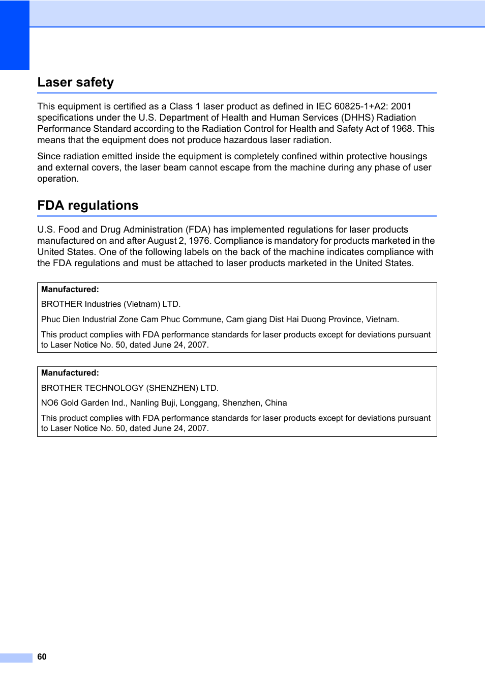 Laser safety, Fda regulations, Laser safety fda regulations | Brother DCP-8085DN User Manual | Page 74 / 158