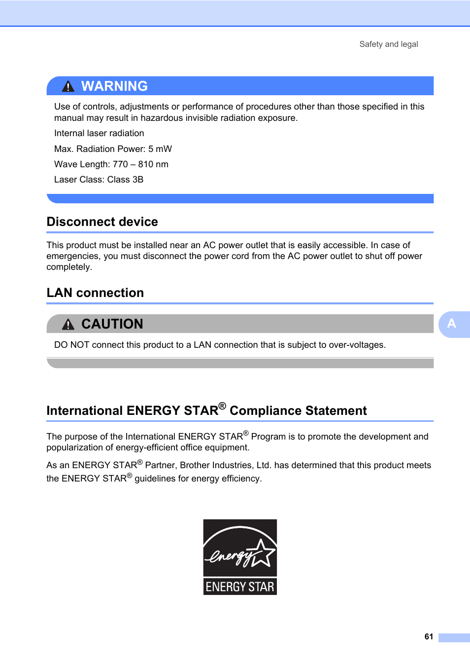 Disconnect device, Lan connection, International energy star® compliance statement | Compliance statement, Warning, Caution, International energy star | Brother DCP-8085DN User Manual | Page 75 / 158