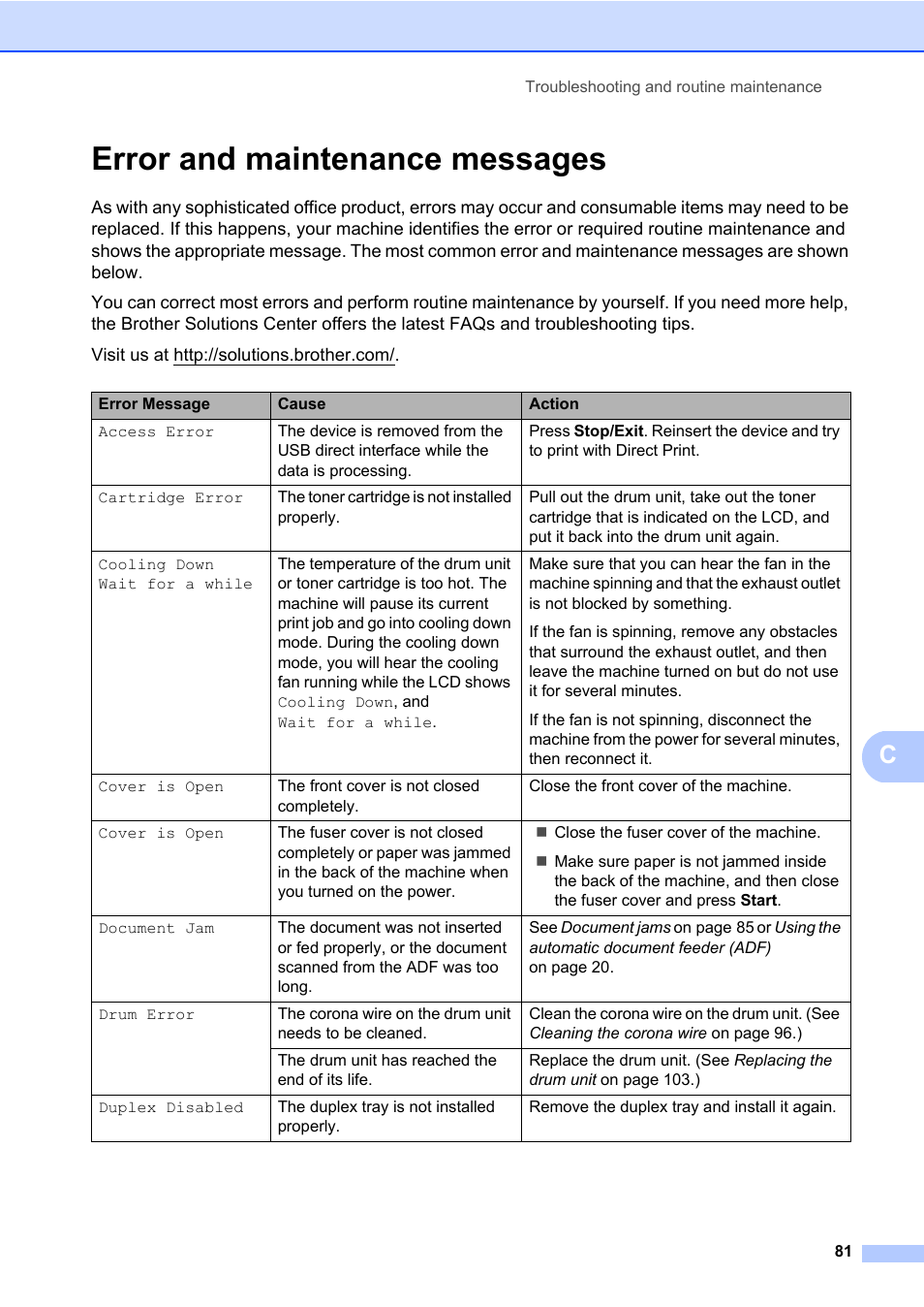 Error and maintenance messages | Brother DCP-8085DN User Manual | Page 95 / 158