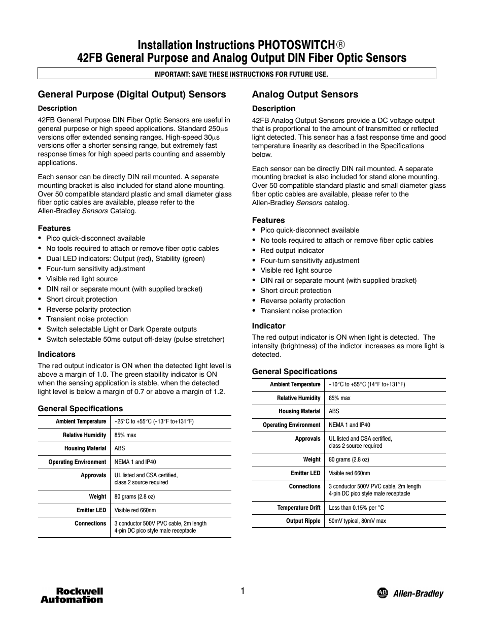 Rockwell Automation 42FB-xxx General Purpose and Analog Output DIN Fiber Optic Sensors Installation User Manual | 4 pages