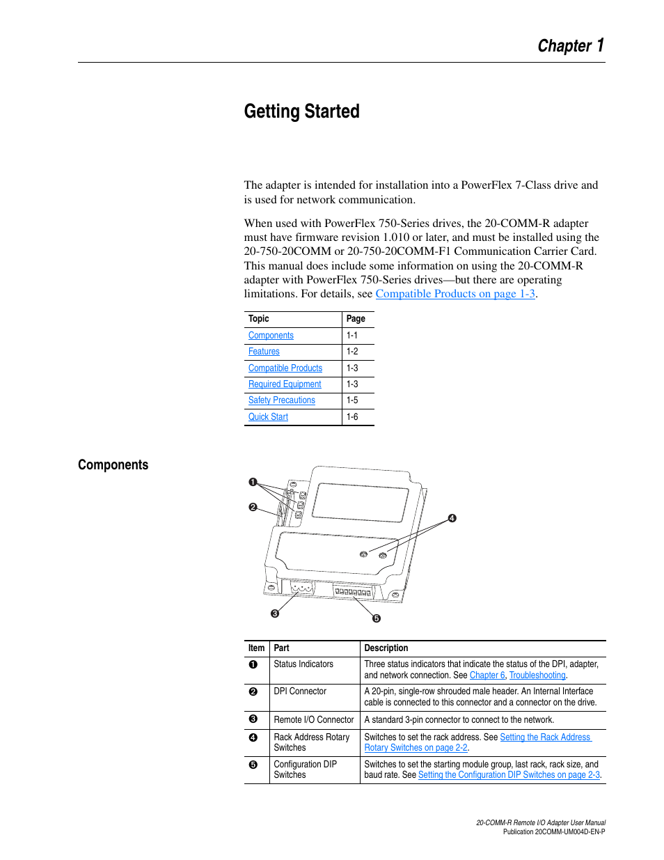 Chapter 1, Getting started, Components | Components -1, 1getting started, Chapter | Rockwell Automation 20-COMM-R Remote I/O Adapter User Manual | Page 11 / 128