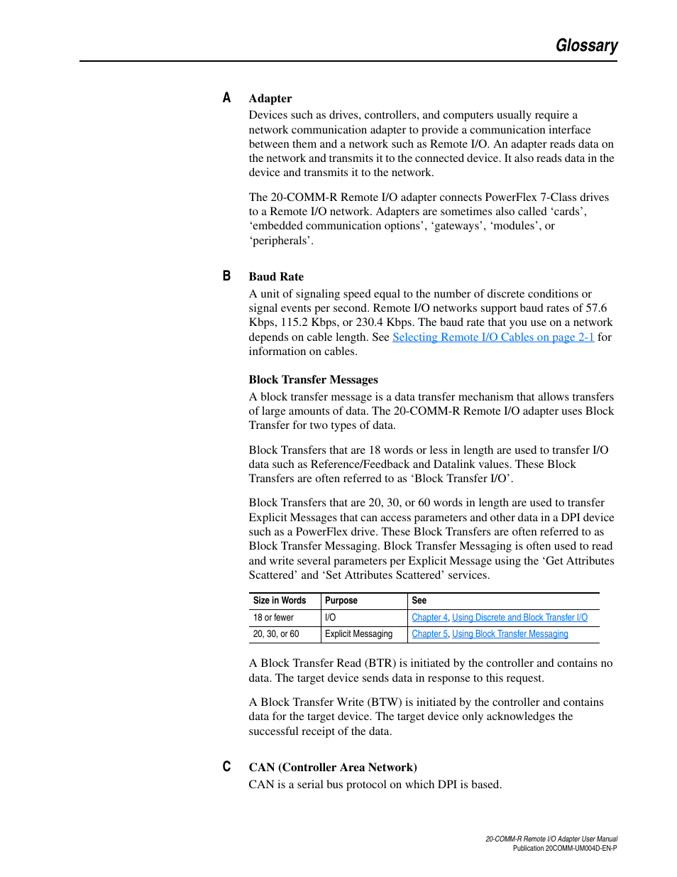 Glossary | Rockwell Automation 20-COMM-R Remote I/O Adapter User Manual | Page 115 / 128