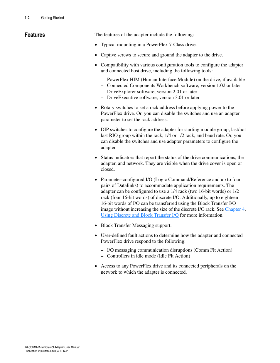 Features, Features -2 | Rockwell Automation 20-COMM-R Remote I/O Adapter User Manual | Page 12 / 128