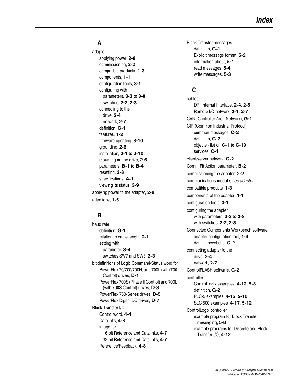 Index | Rockwell Automation 20-COMM-R Remote I/O Adapter User Manual | Page 121 / 128