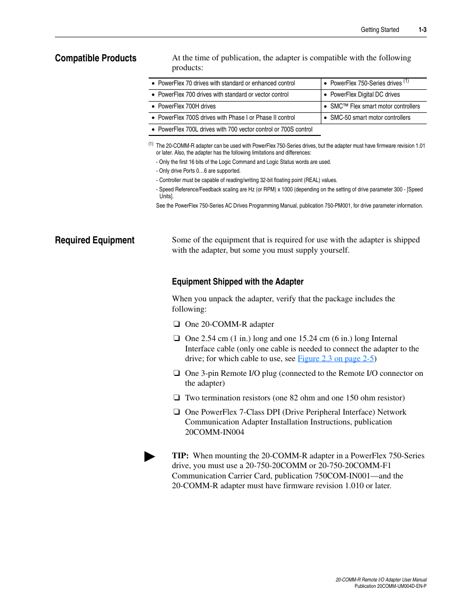 Compatible products, Required equipment, Equipment shipped with the adapter | Compatible products -3 required equipment -3 | Rockwell Automation 20-COMM-R Remote I/O Adapter User Manual | Page 13 / 128