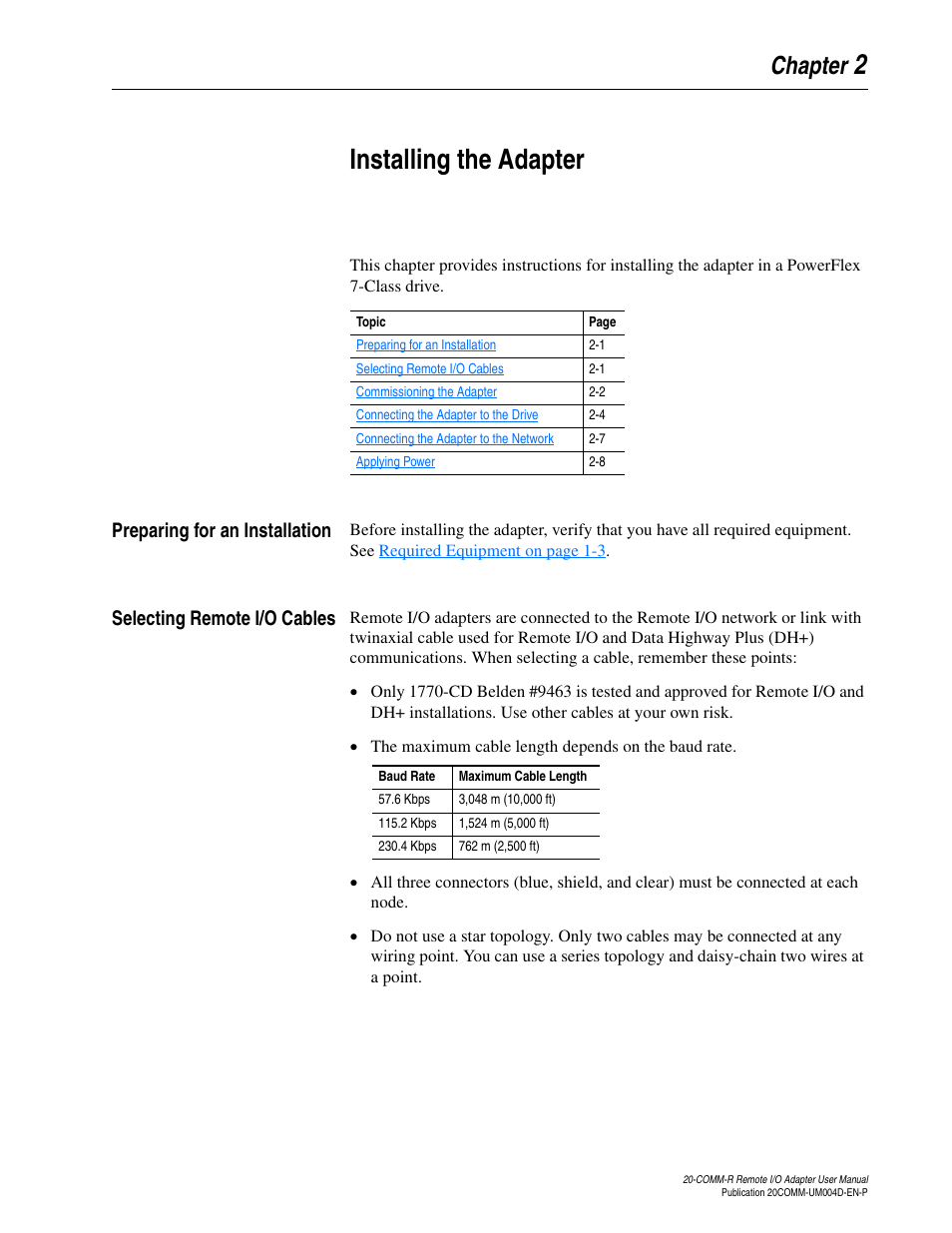 Chapter 2, Installing the adapter, Preparing for an installation | Selecting remote i/o cables, 2installing the adapter | Rockwell Automation 20-COMM-R Remote I/O Adapter User Manual | Page 17 / 128