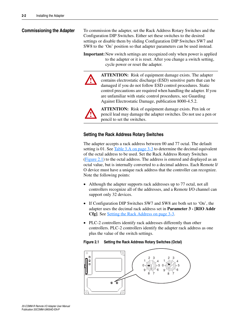 Commissioning the adapter, Setting the rack address rotary switches, Commissioning the adapter -2 | Setting the rack address | Rockwell Automation 20-COMM-R Remote I/O Adapter User Manual | Page 18 / 128