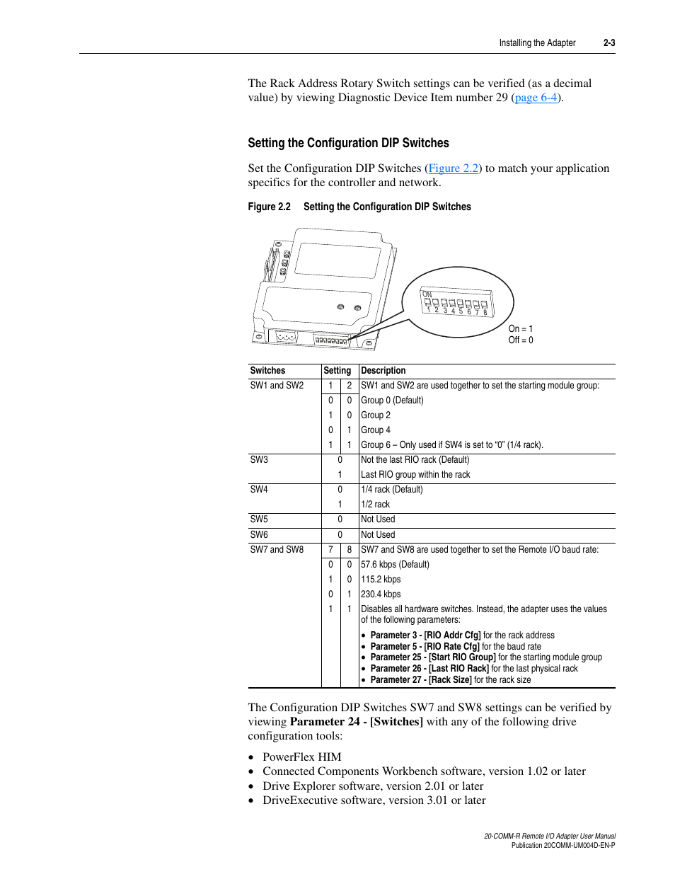 Setting the configuration dip switches | Rockwell Automation 20-COMM-R Remote I/O Adapter User Manual | Page 19 / 128