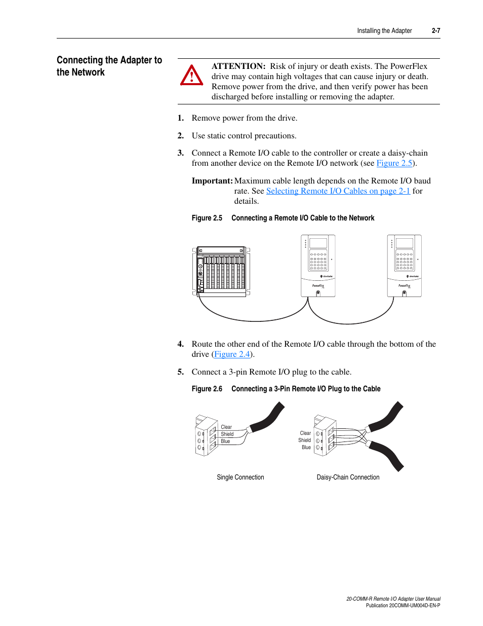 Connecting the adapter to the network, Connecting the adapter to the network -7 | Rockwell Automation 20-COMM-R Remote I/O Adapter User Manual | Page 23 / 128
