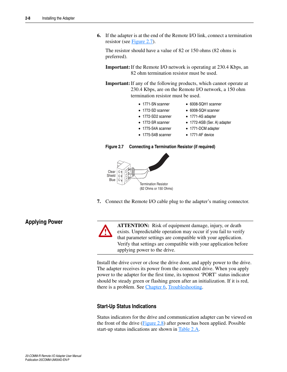 Applying power, Start-up status indications, Applying power -8 | Rockwell Automation 20-COMM-R Remote I/O Adapter User Manual | Page 24 / 128