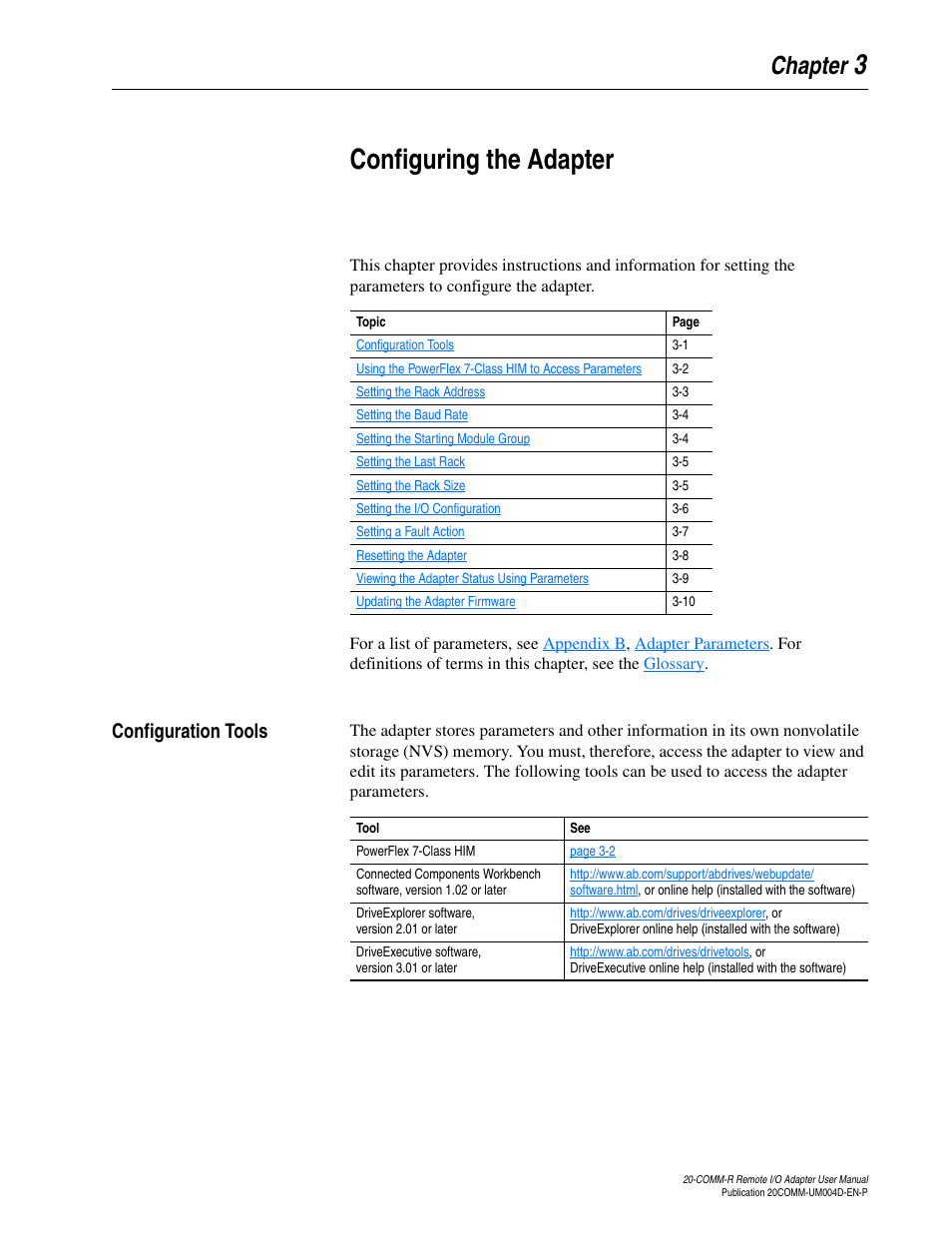Chapter 3, Configuring the adapter, Configuration tools | Configuration tools -1, 3configuring the adapter, Chapter | Rockwell Automation 20-COMM-R Remote I/O Adapter User Manual | Page 27 / 128