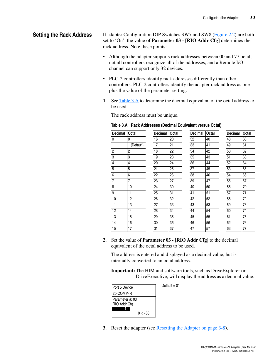 Setting the rack address, Setting the rack address -3 | Rockwell Automation 20-COMM-R Remote I/O Adapter User Manual | Page 29 / 128