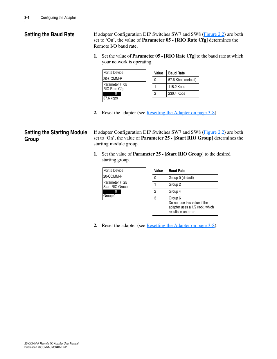 Setting the baud rate, Setting the starting module group | Rockwell Automation 20-COMM-R Remote I/O Adapter User Manual | Page 30 / 128