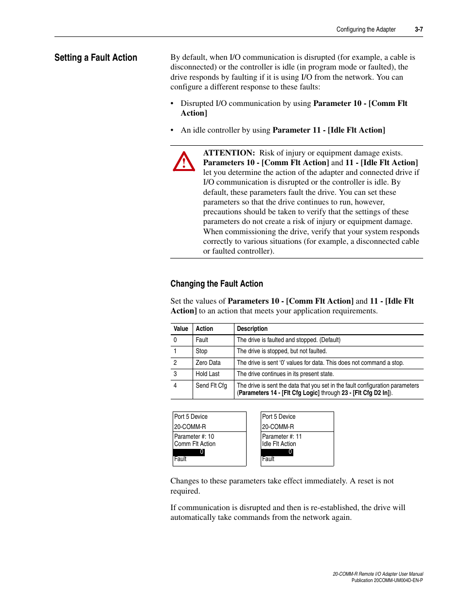 Setting a fault action, Changing the fault action, Setting a fault action -7 | Rockwell Automation 20-COMM-R Remote I/O Adapter User Manual | Page 33 / 128