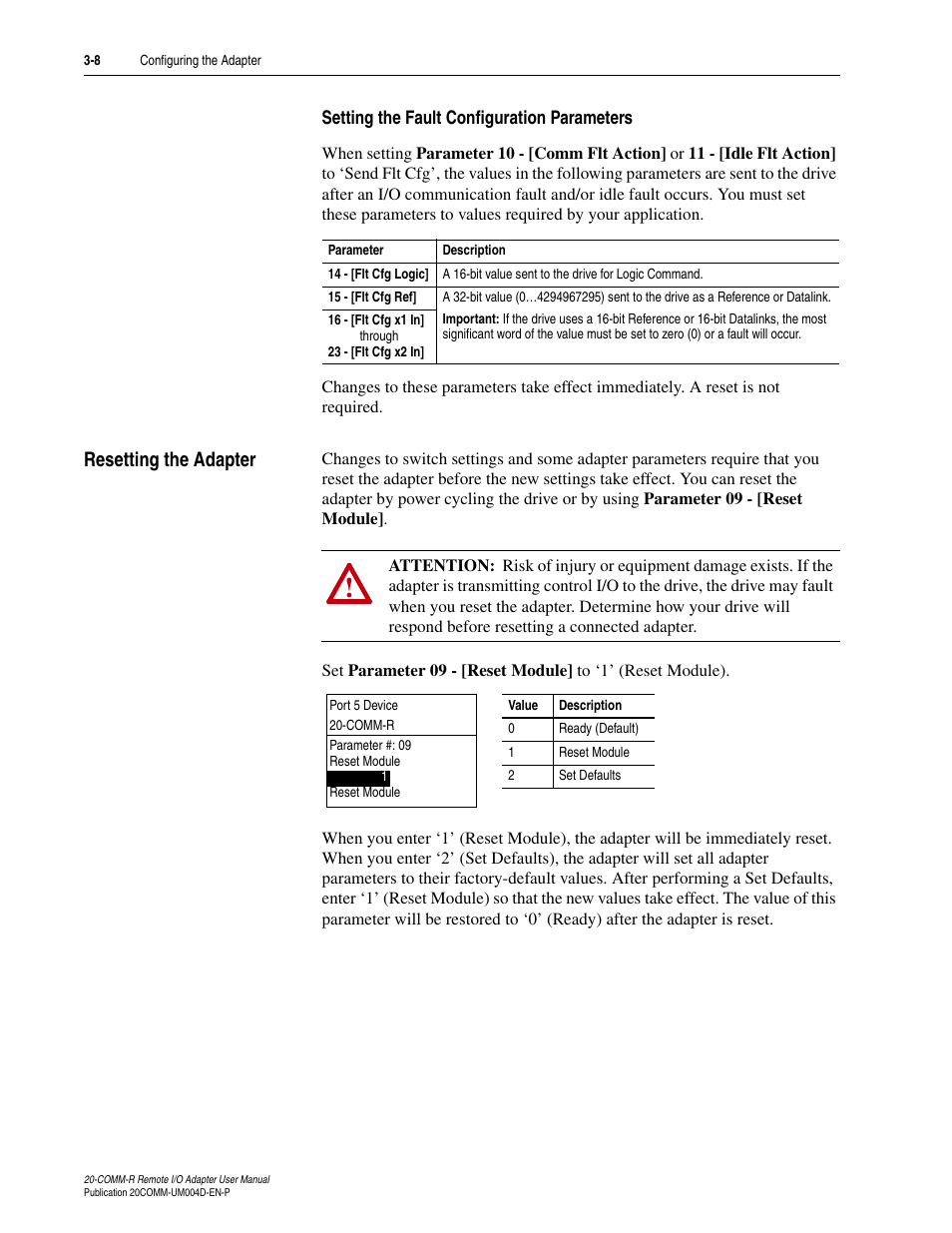 Setting the fault configuration parameters, Resetting the adapter, Resetting the adapter -8 | Rockwell Automation 20-COMM-R Remote I/O Adapter User Manual | Page 34 / 128