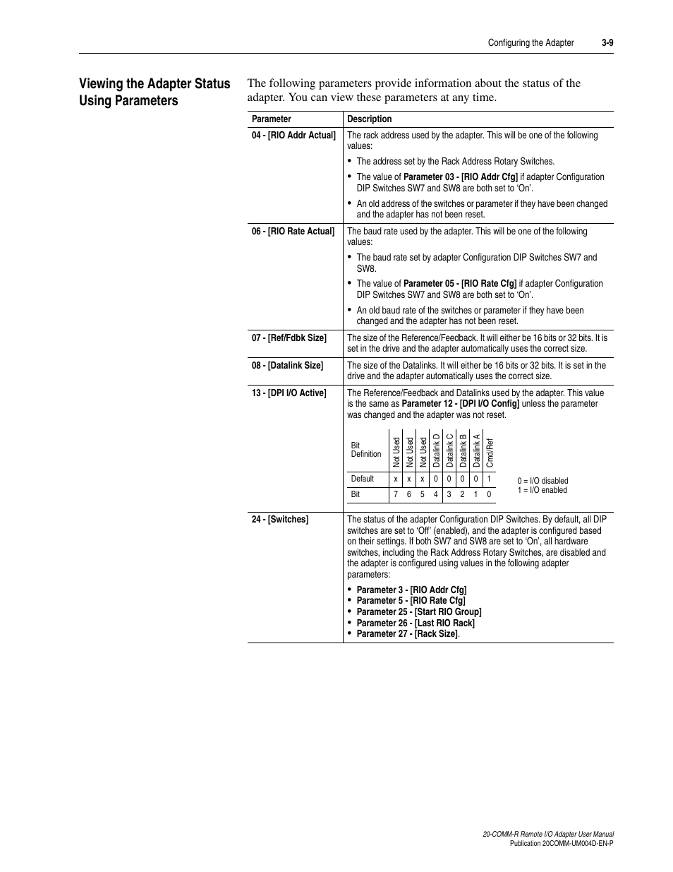 Viewing the adapter status using parameters, Viewing the adapter status using parameters -9 | Rockwell Automation 20-COMM-R Remote I/O Adapter User Manual | Page 35 / 128