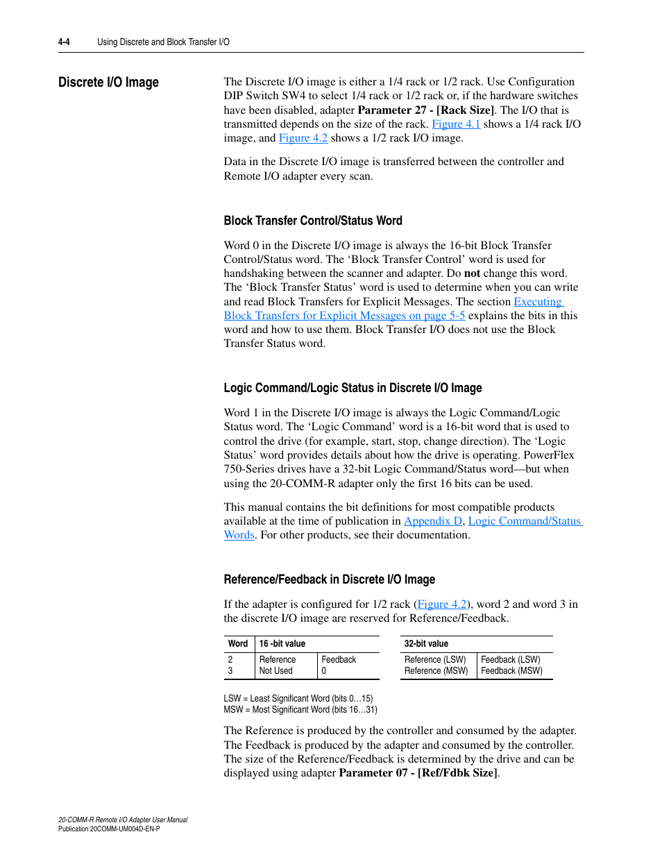 Discrete i/o image, Block transfer control/status word, Logic command/logic status in discrete i/o image | Reference/feedback in discrete i/o image, Discrete i/o image -4 | Rockwell Automation 20-COMM-R Remote I/O Adapter User Manual | Page 40 / 128