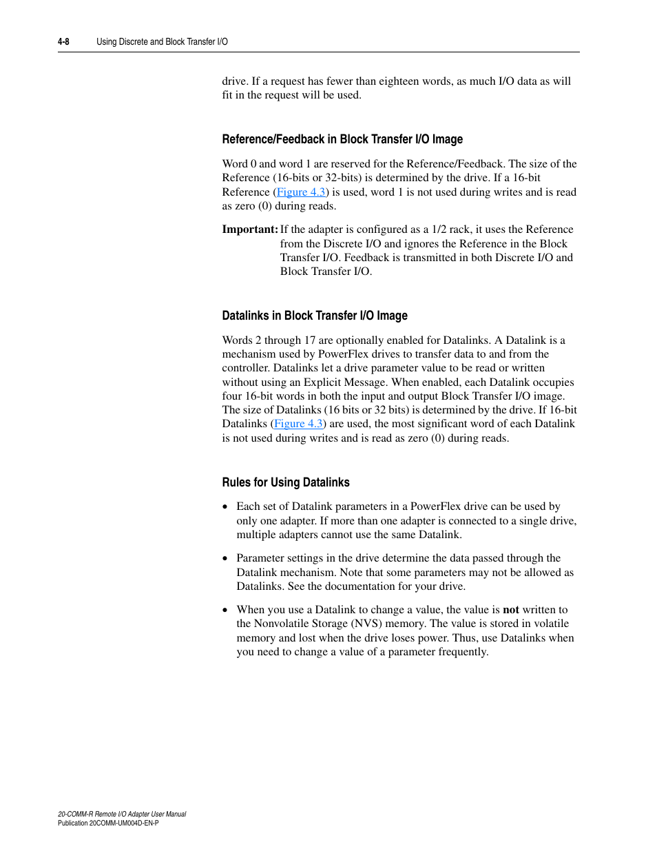 Reference/feedback in block transfer i/o image, Datalinks in block transfer i/o image, Rules for using datalinks | Rockwell Automation 20-COMM-R Remote I/O Adapter User Manual | Page 44 / 128