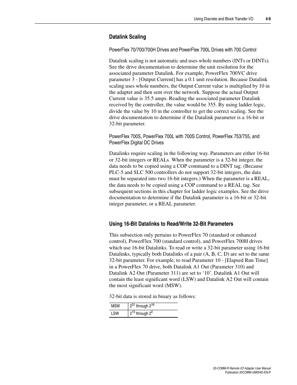 Datalink scaling | Rockwell Automation 20-COMM-R Remote I/O Adapter User Manual | Page 45 / 128