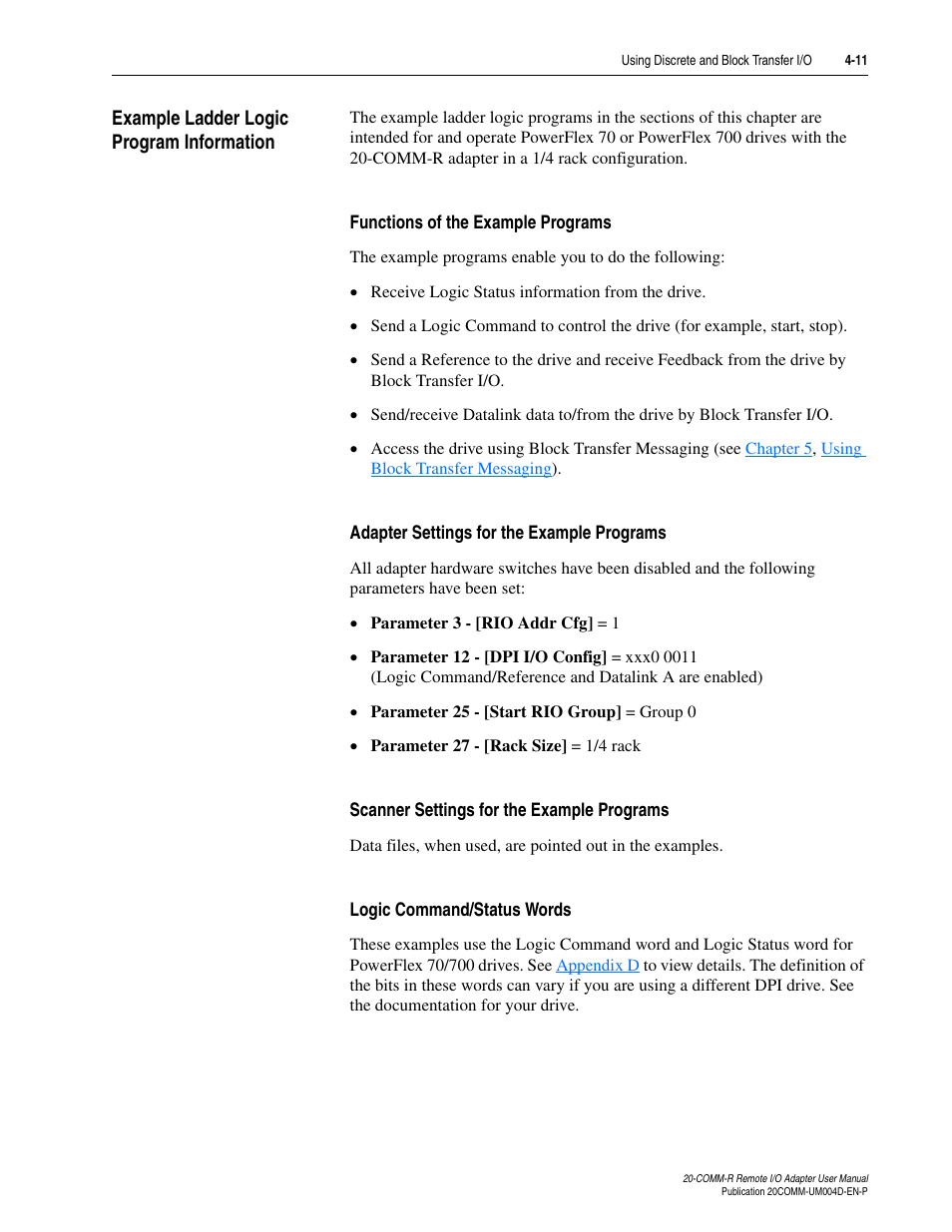 Example ladder logic program information, Functions of the example programs, Adapter settings for the example programs | Scanner settings for the example programs, Logic command/status words, Example ladder logic program information -11 | Rockwell Automation 20-COMM-R Remote I/O Adapter User Manual | Page 47 / 128