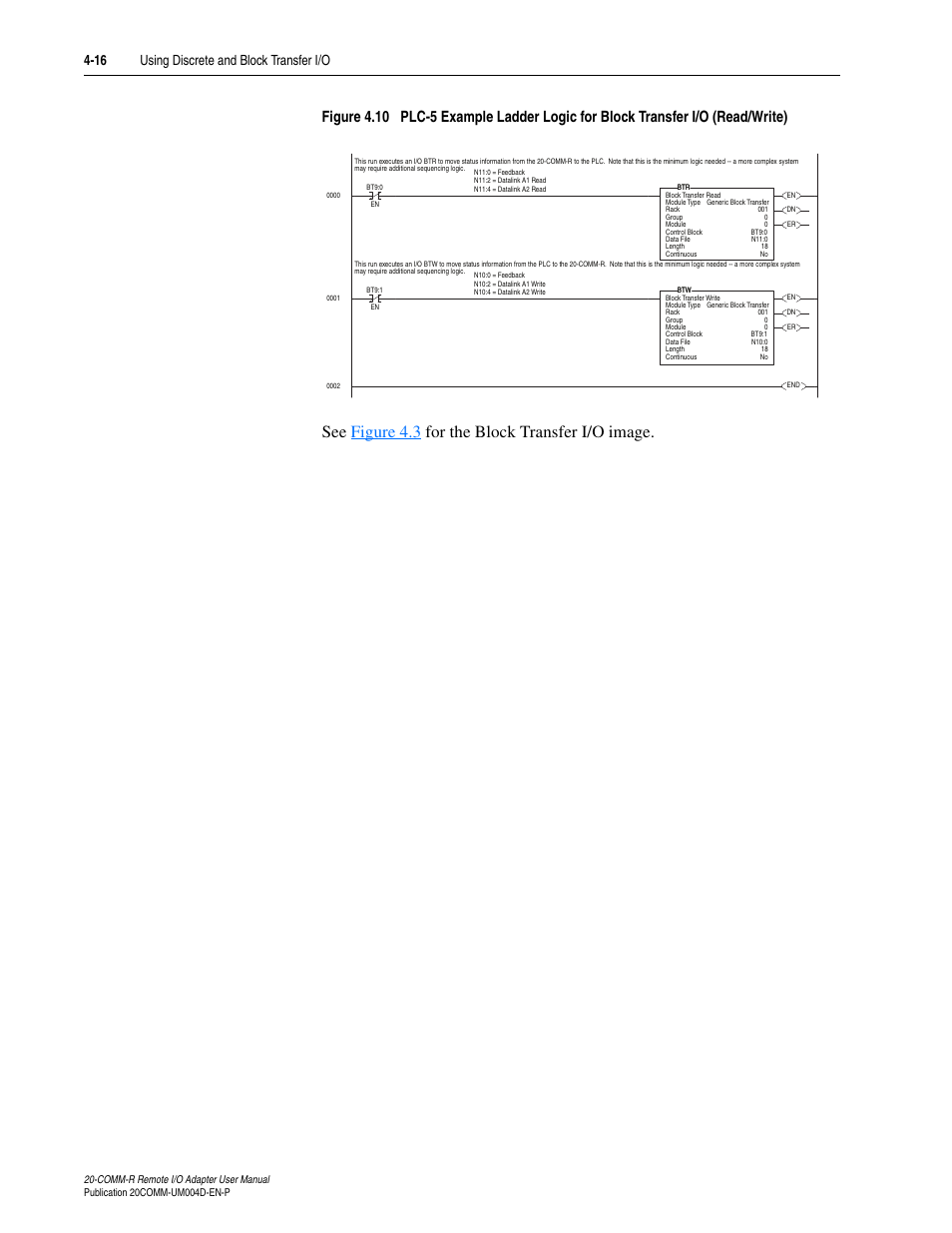 See figure 4.3 for the block transfer i/o image | Rockwell Automation 20-COMM-R Remote I/O Adapter User Manual | Page 52 / 128