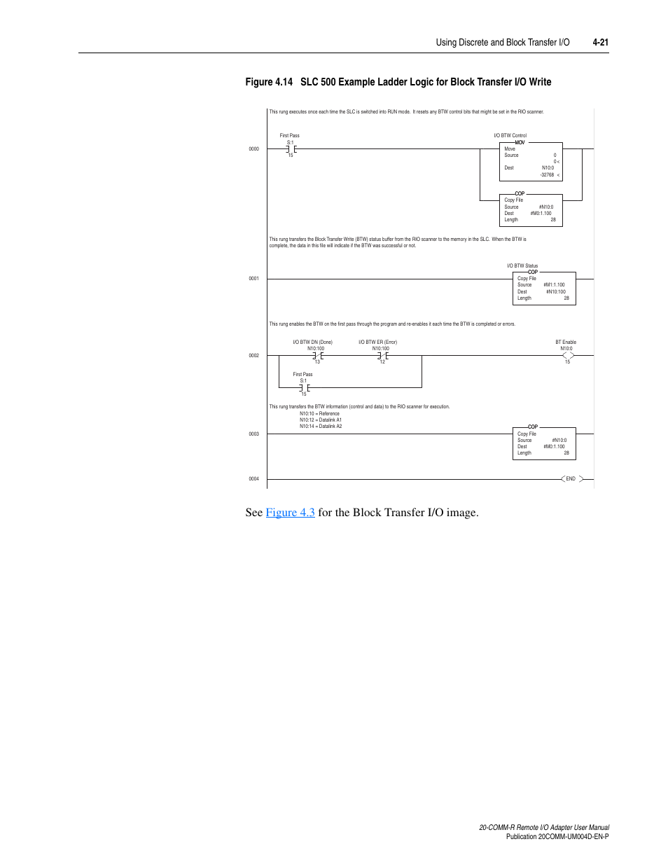 See figure 4.3 for the block transfer i/o image | Rockwell Automation 20-COMM-R Remote I/O Adapter User Manual | Page 57 / 128