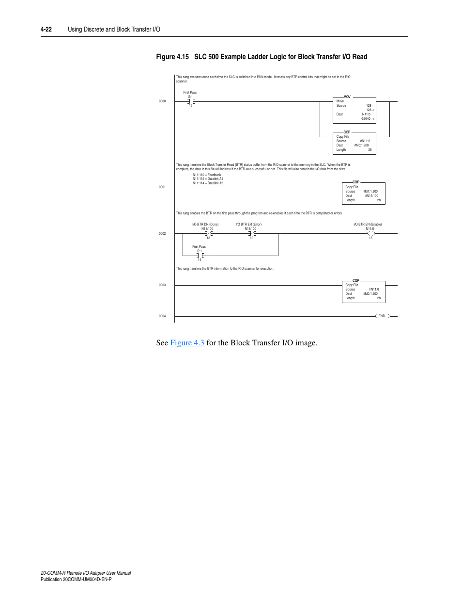 See figure 4.3 for the block transfer i/o image | Rockwell Automation 20-COMM-R Remote I/O Adapter User Manual | Page 58 / 128