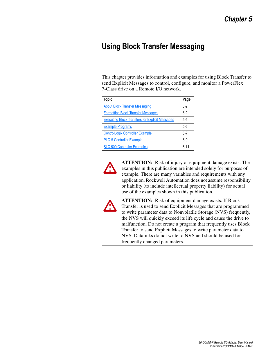 Chapter 5, Using block transfer messaging, Using block transfer | Messaging, Using, Block transfer messaging | Rockwell Automation 20-COMM-R Remote I/O Adapter User Manual | Page 59 / 128