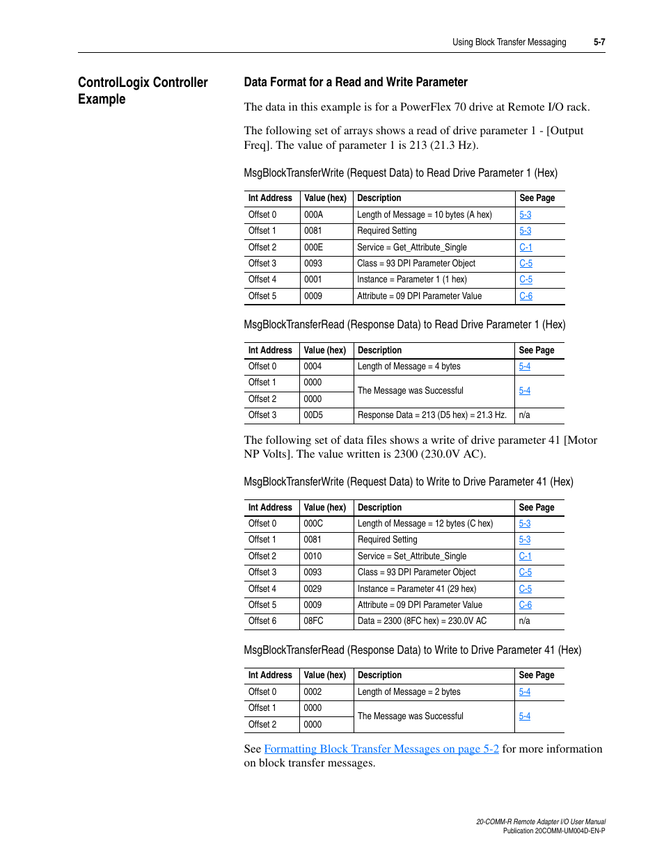 Controllogix controller example, Data format for a read and write parameter, Controllogix controller example -7 | Rockwell Automation 20-COMM-R Remote I/O Adapter User Manual | Page 65 / 128