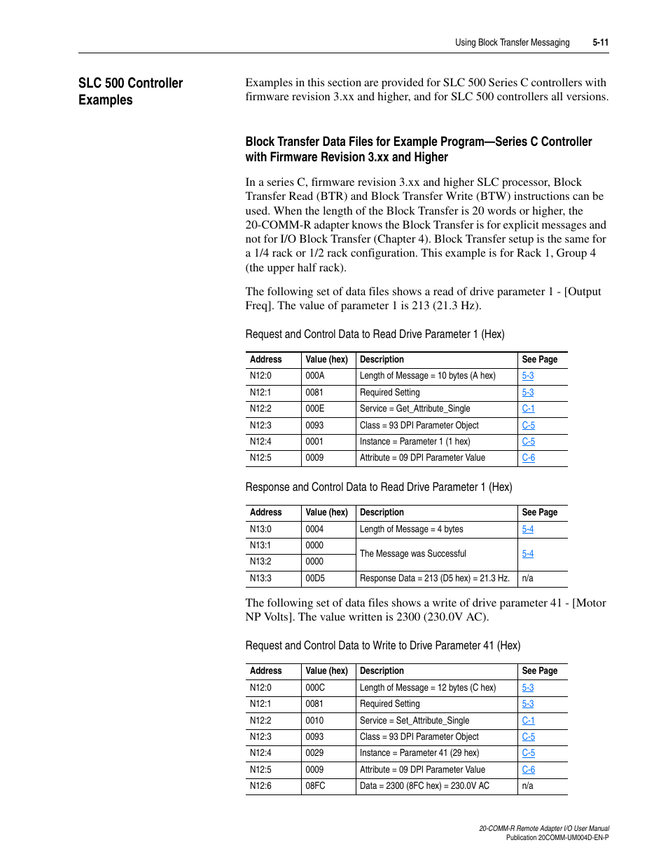 Slc 500 controller examples, Slc 500 controller example -11 | Rockwell Automation 20-COMM-R Remote I/O Adapter User Manual | Page 69 / 128