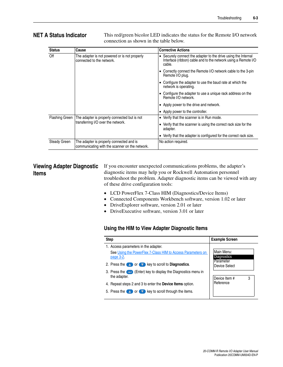 Net a status indicator, Viewing adapter diagnostic items, Using the him to view adapter diagnostic items | Rockwell Automation 20-COMM-R Remote I/O Adapter User Manual | Page 77 / 128