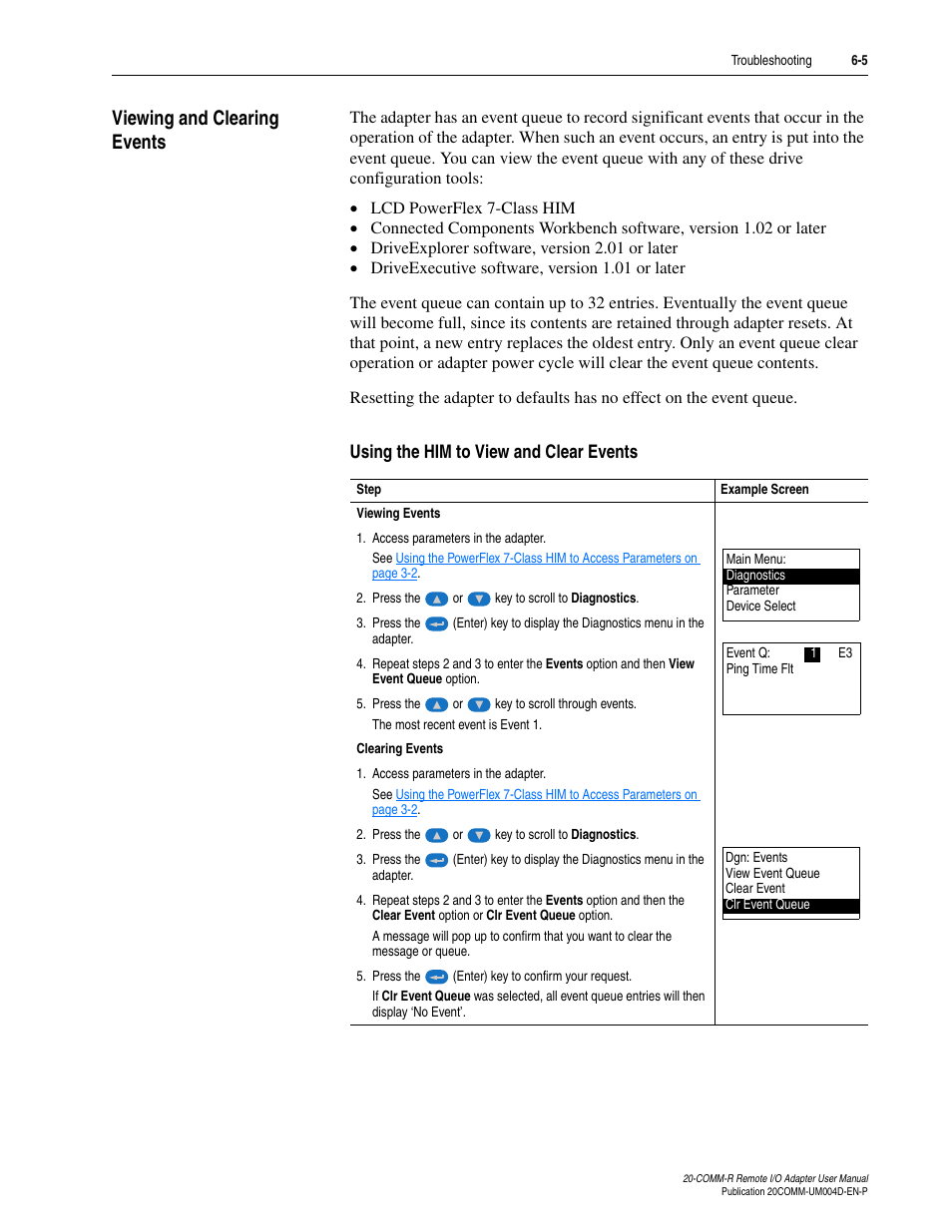 Viewing and clearing events, Using the him to view and clear events, Viewing and clearing events -5 | Rockwell Automation 20-COMM-R Remote I/O Adapter User Manual | Page 79 / 128